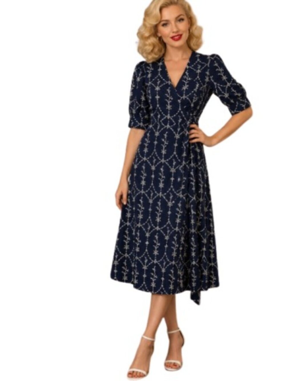 Marilyn Monroe Womens Midi Eyelet Wrap Dress in American Navy XS New